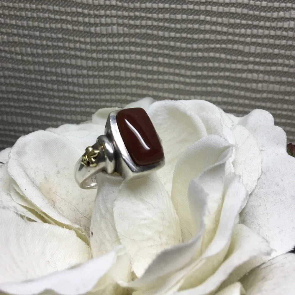 Ann King Sterling Silver Ring Carnelian 14K & .925 Fleur de Lis - Picture 1 of 4